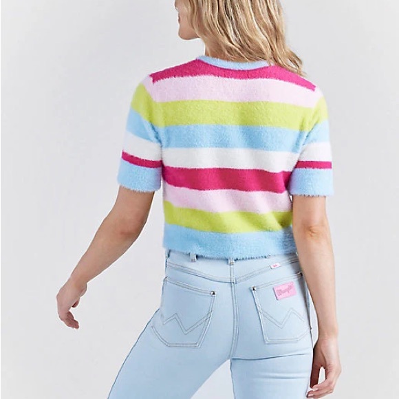 NWT - Wrangler® x Barbie™ Cropped Fuzzy Rainbow Sweater - Picture 2 of 6